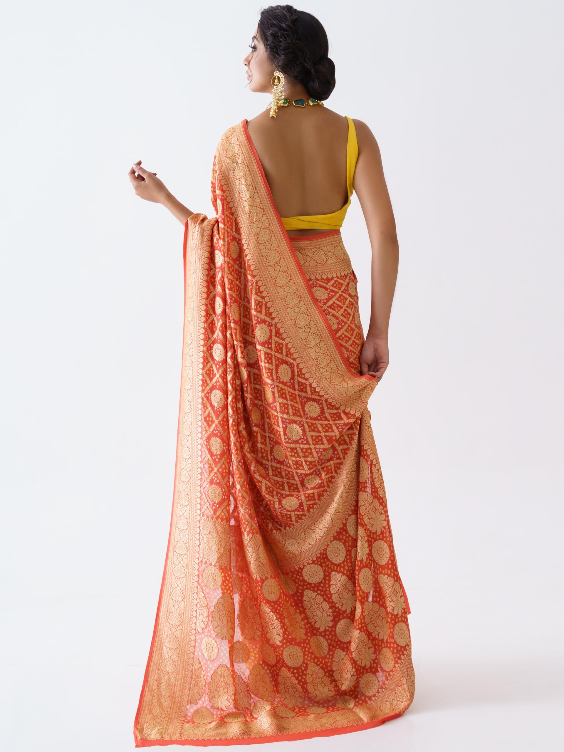 Orange Banarasi Bandhani Saree Set image 3