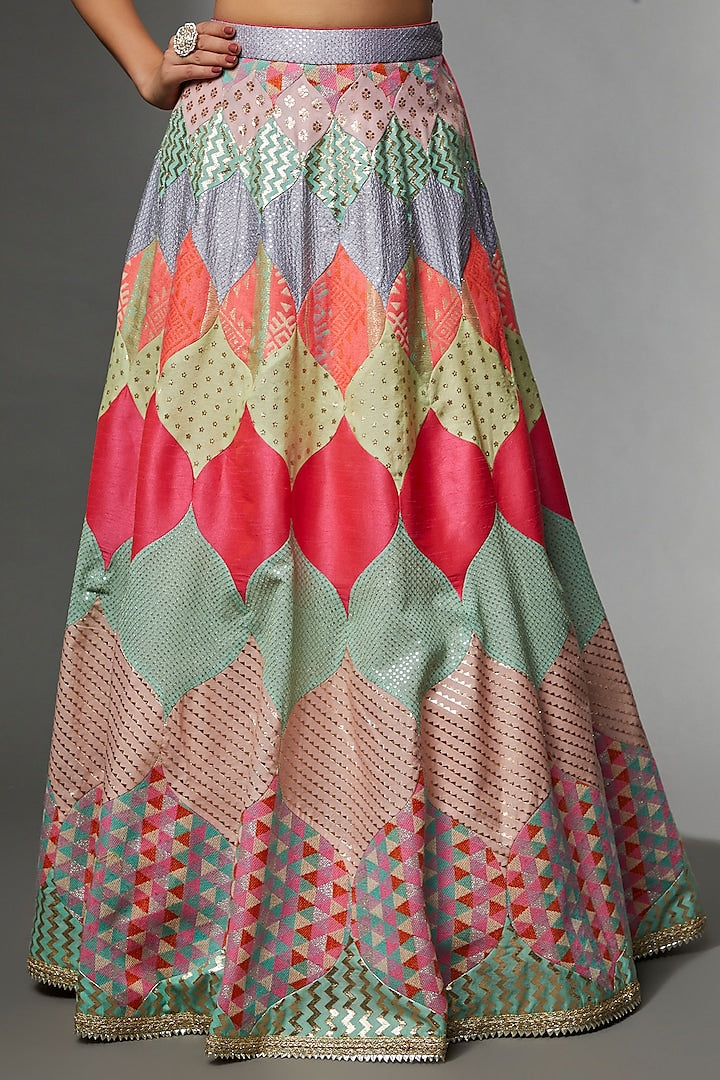 Multi Colored Woven Fabric Embroidered Lehenga Set image 1