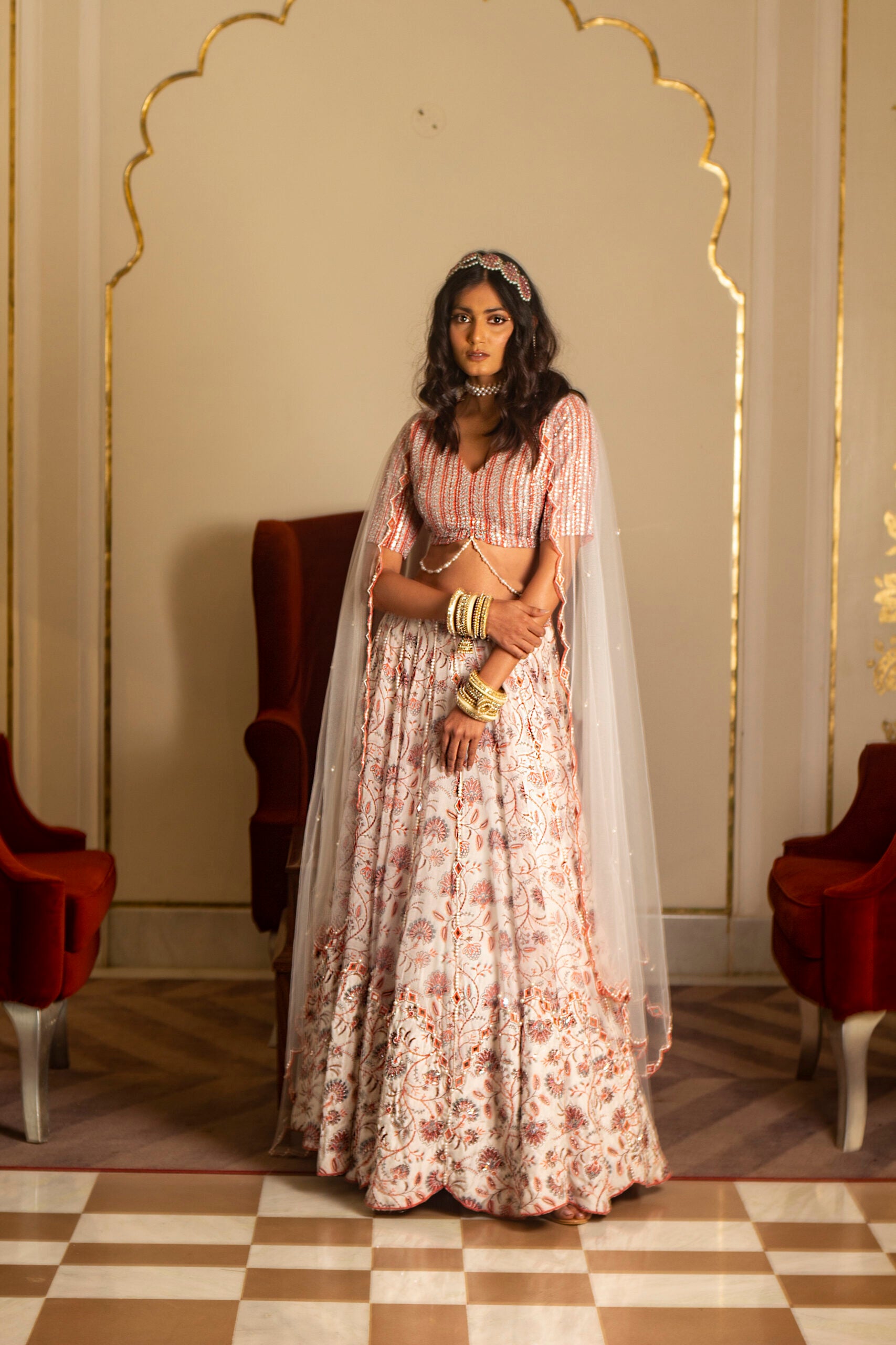 White and Peach Organza Lehenga Set image 0