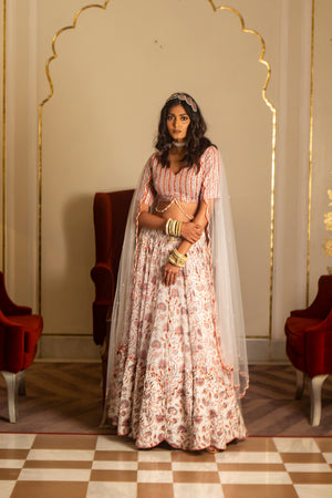 White and Peach Organza Lehenga Set image 0