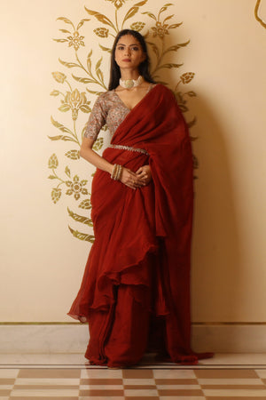 Rustic Red Organza Ruffle Saree Set image 6