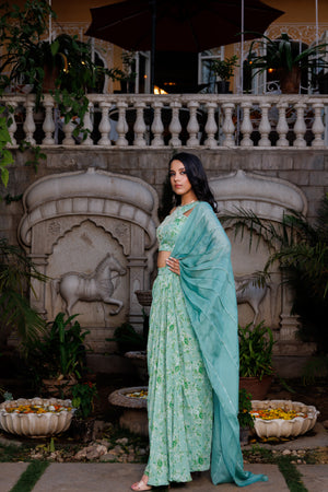 Green Organza Embroidered Draped Skirt Saree Set - S image