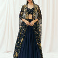 Navy Blue Printed Embroidered Lehenga Set with Cape image 0