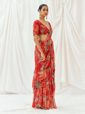Red Printed Embroidered Drape Saree Set image 1