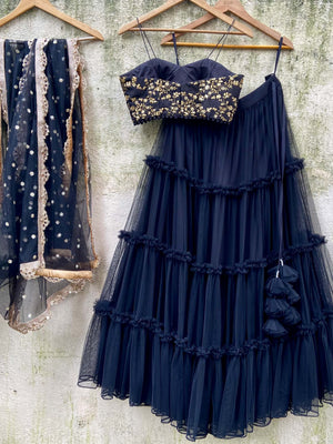 Black Ruffle Zari Lehenga Set image 4