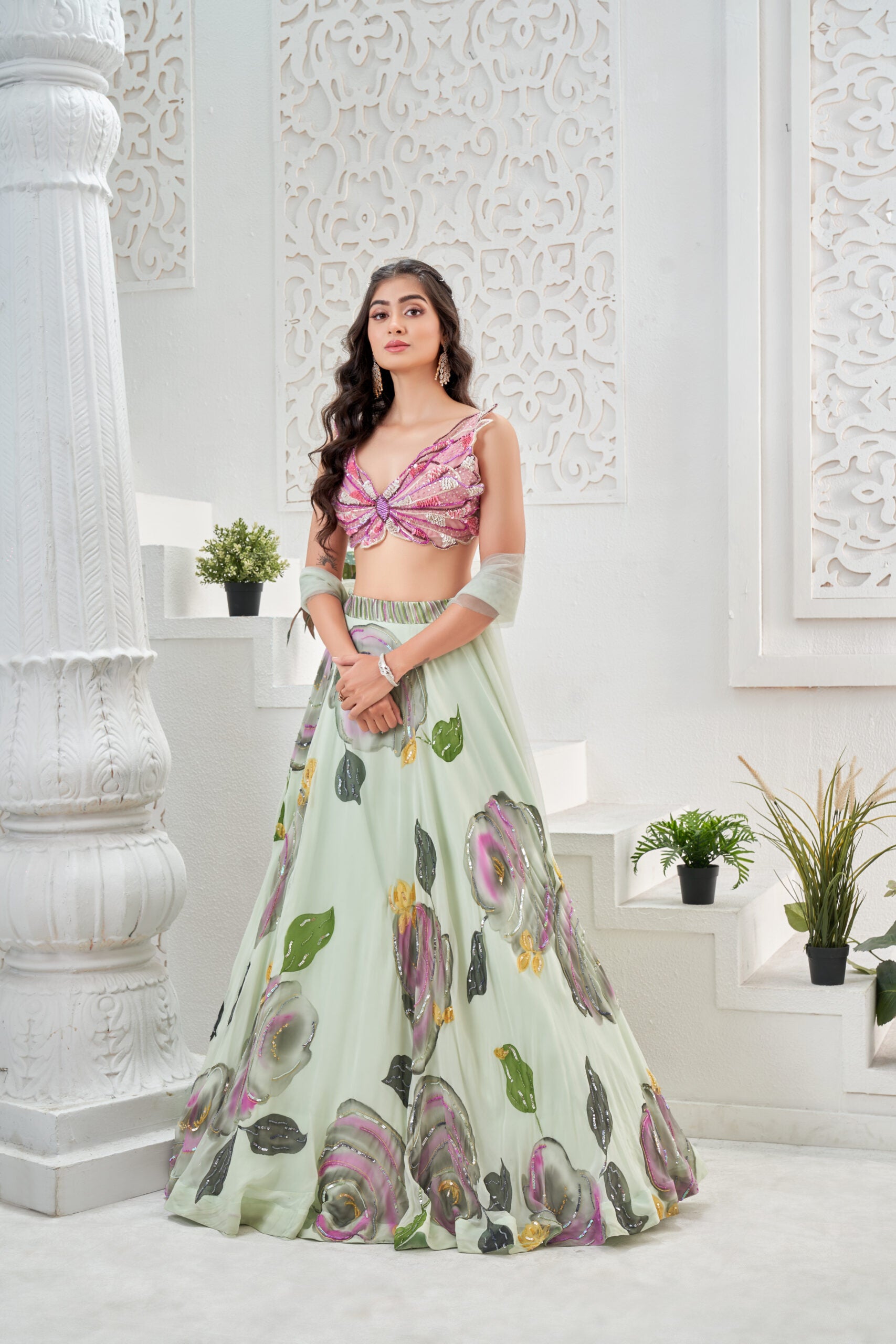 Mint Green hand painted lehenga and Butterfly blouse set image 6