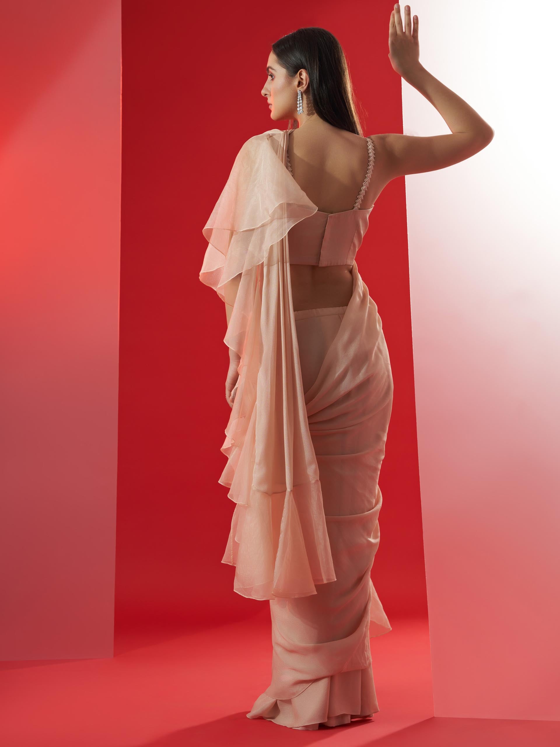 Nude Pre Draped Floral Ruffle Saree Set image 3