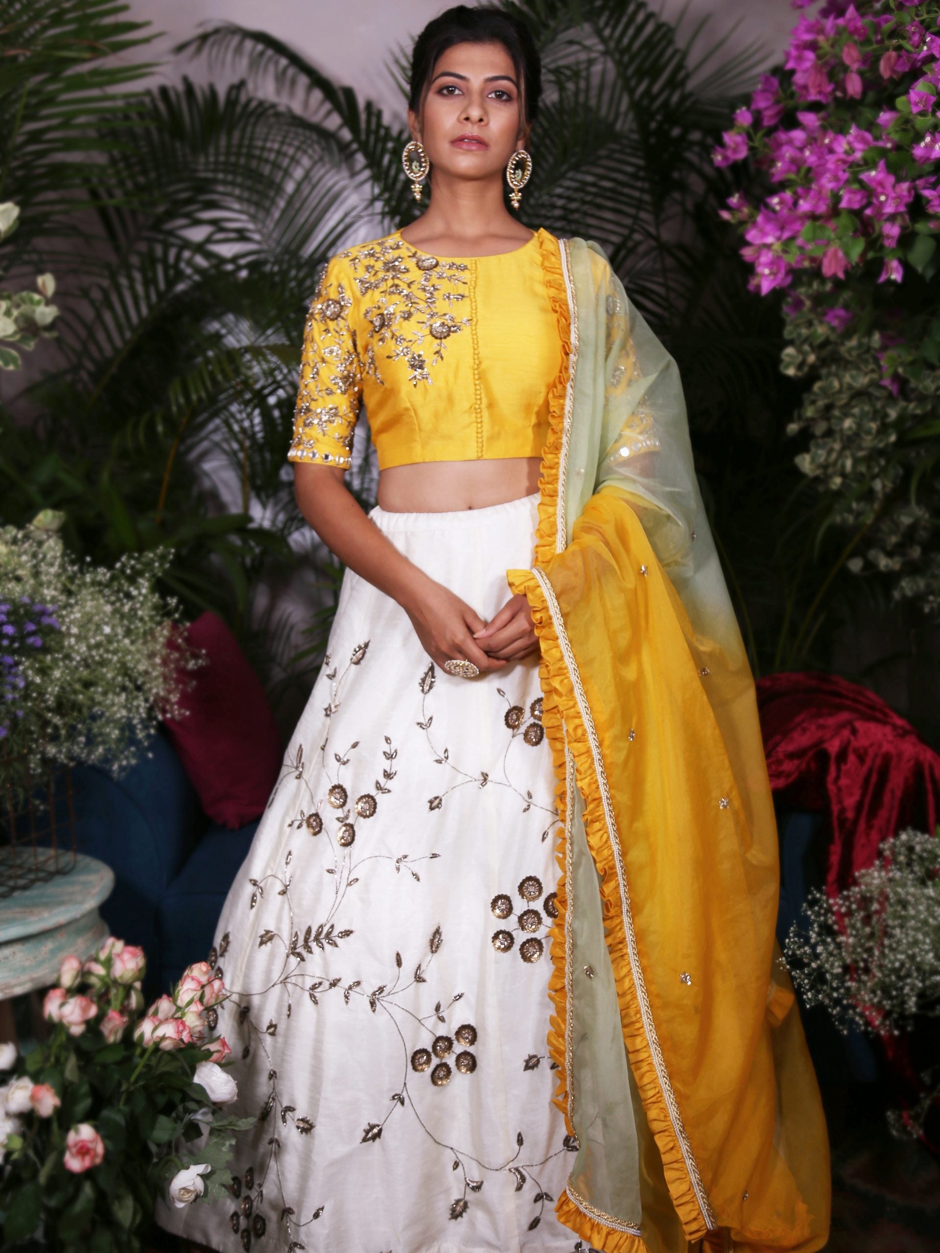 Yellow Blouse with White Lehenga - S image