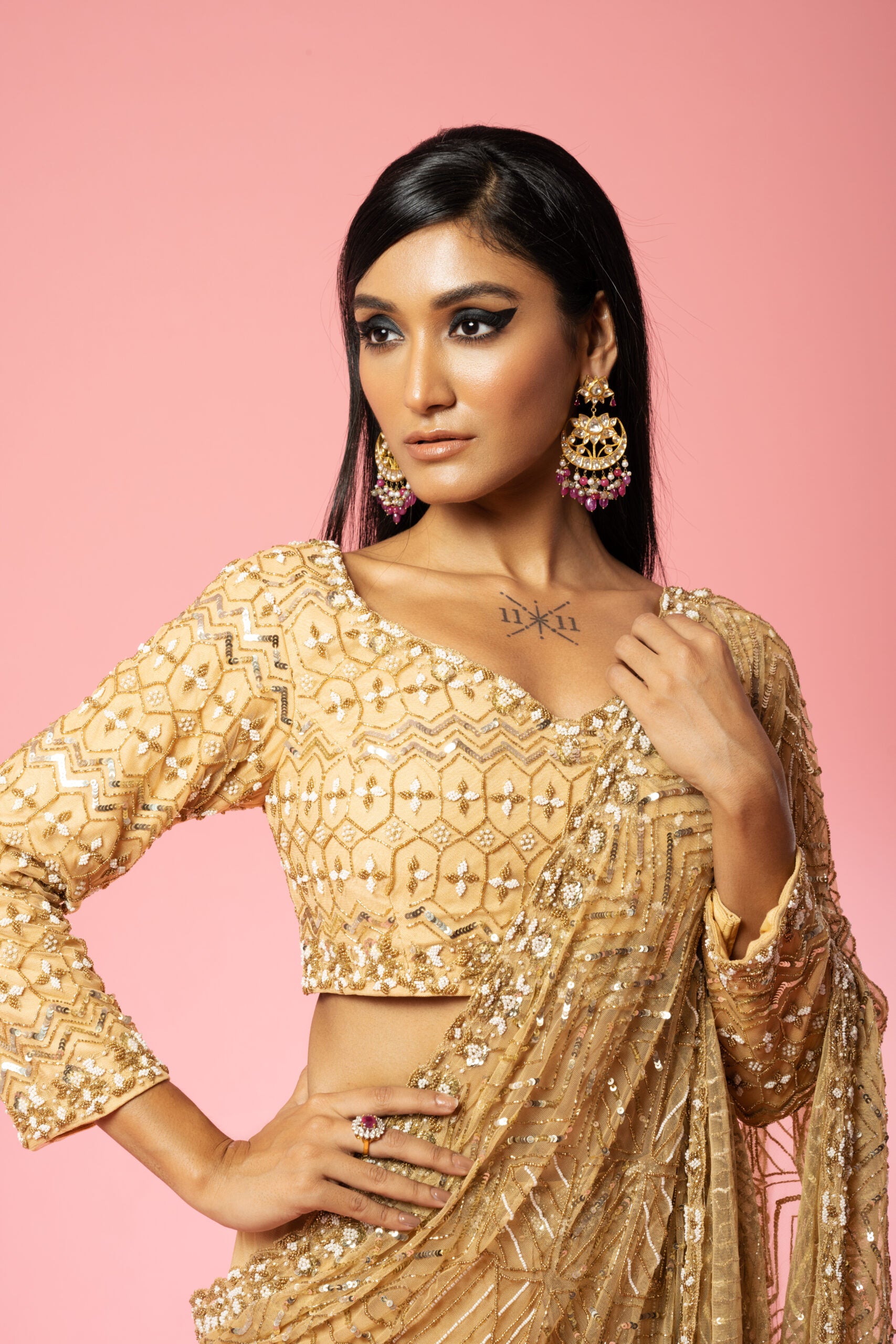 Golden Georgette Embroidered Saree image 4