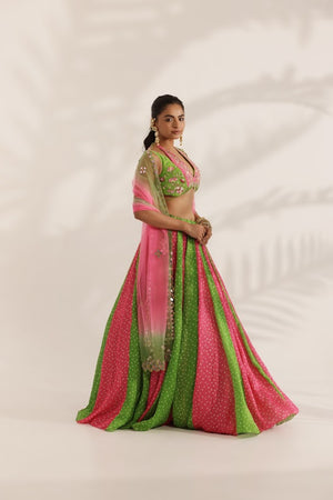 Pink and Green Bandhani Lehenga image 7
