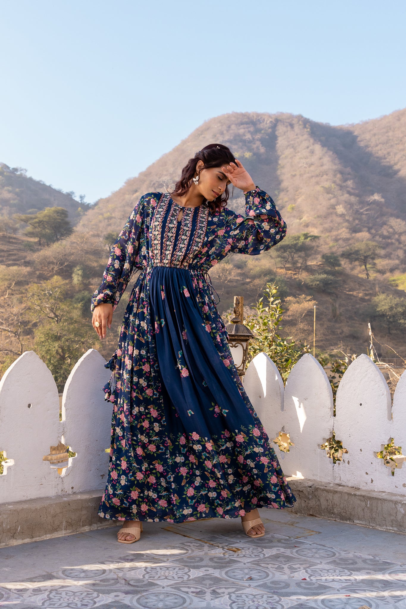 Navy Blue Floral Crepe Georgette Dress image 3