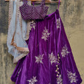 Purple Velvet Lehenga set with Ivory Dupatta image 0