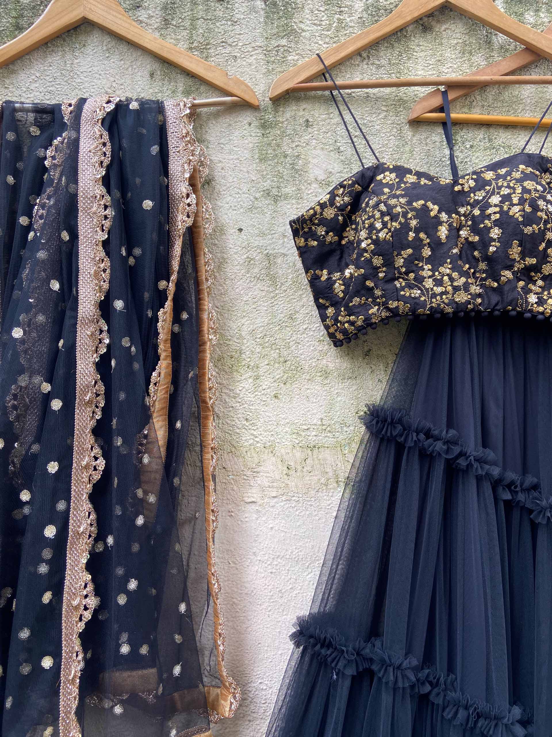 Black Ruffle Zari Lehenga Set image 2