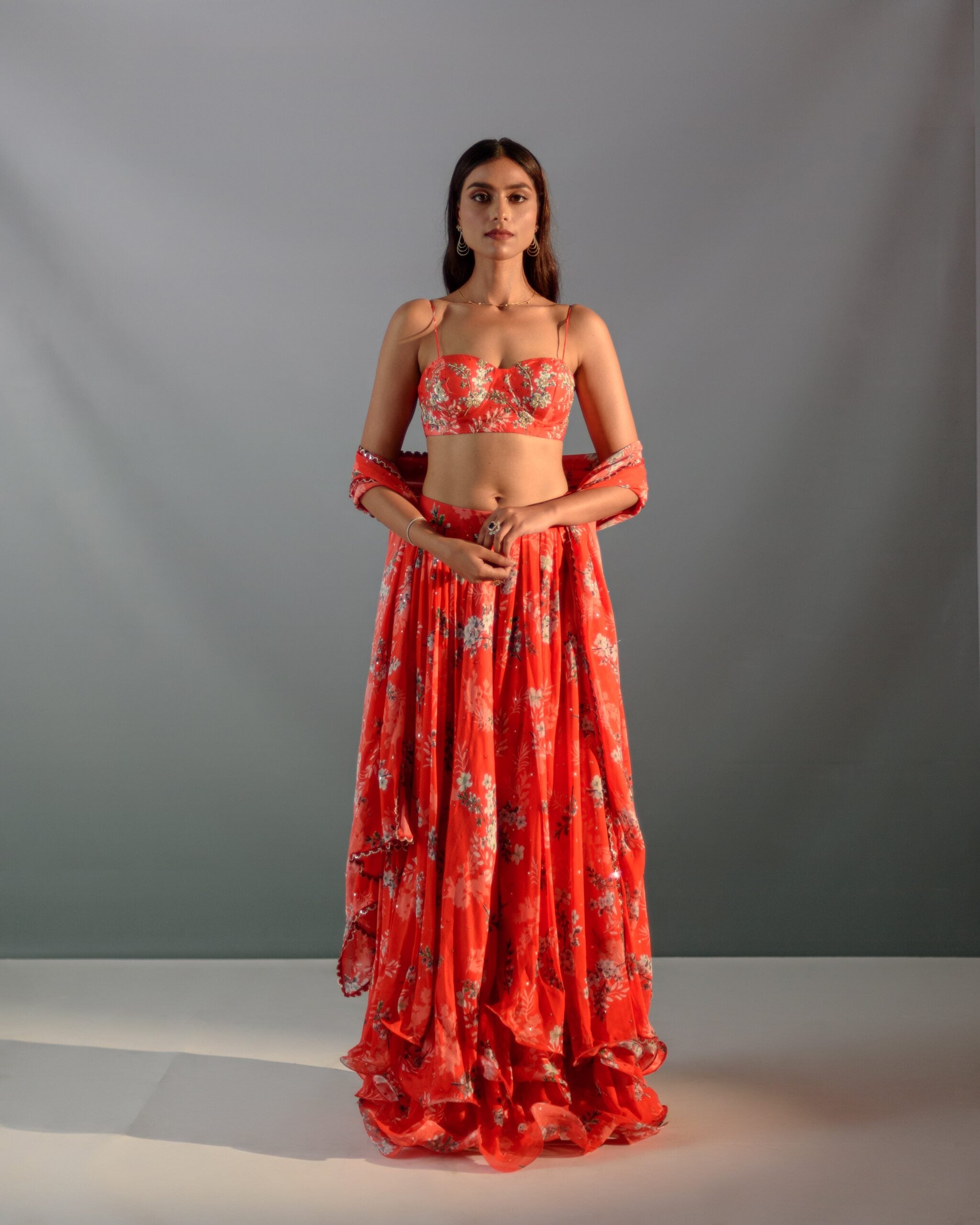 Scarlet Red Floral Lehenga Set - XL image