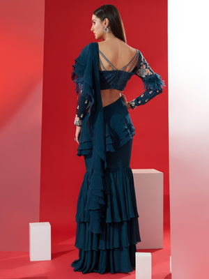 Teal Blue Pre Draped Ruffle Saree Set image 1
