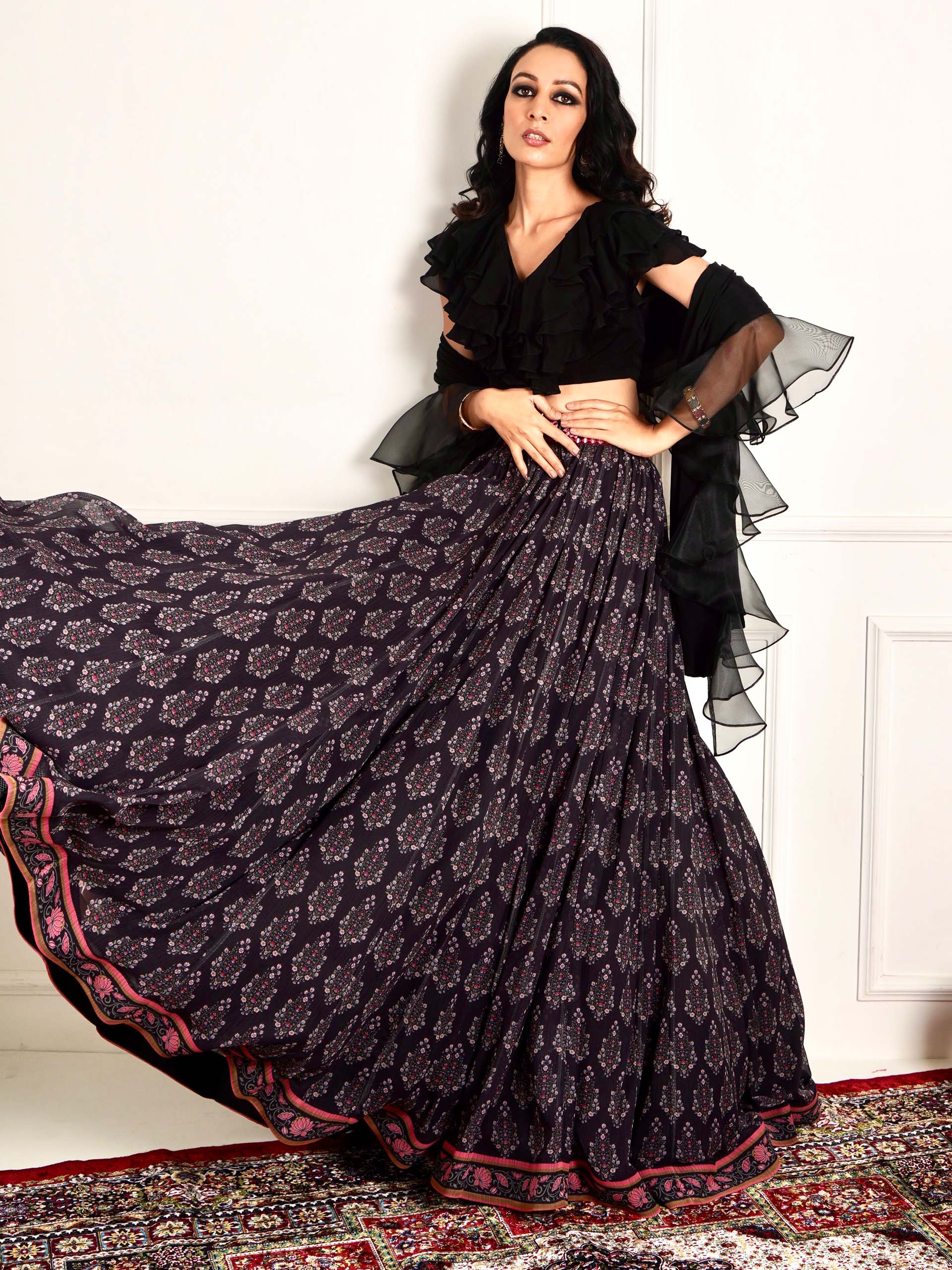Black Imaara Printed Lehenga Set image 10