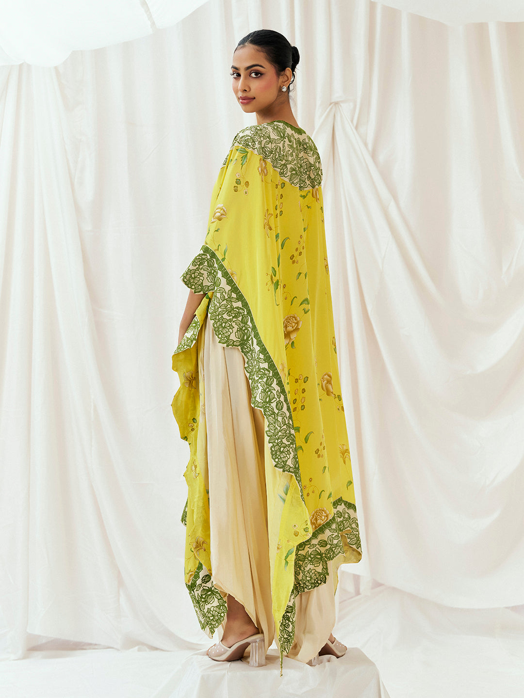 Bright Yellow Printed Embroidered Kaftan Set image 1