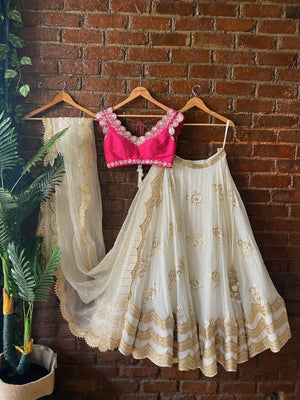 Ivory and Fuchsia Lehenga Set with Mirror Work - XL image