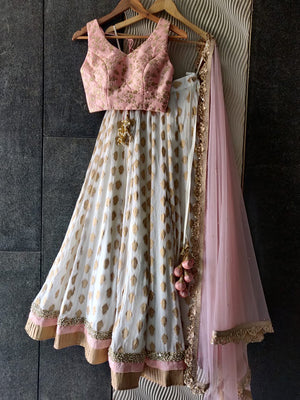 White and Soft Blush Pink Ruffle Lehenga - L image