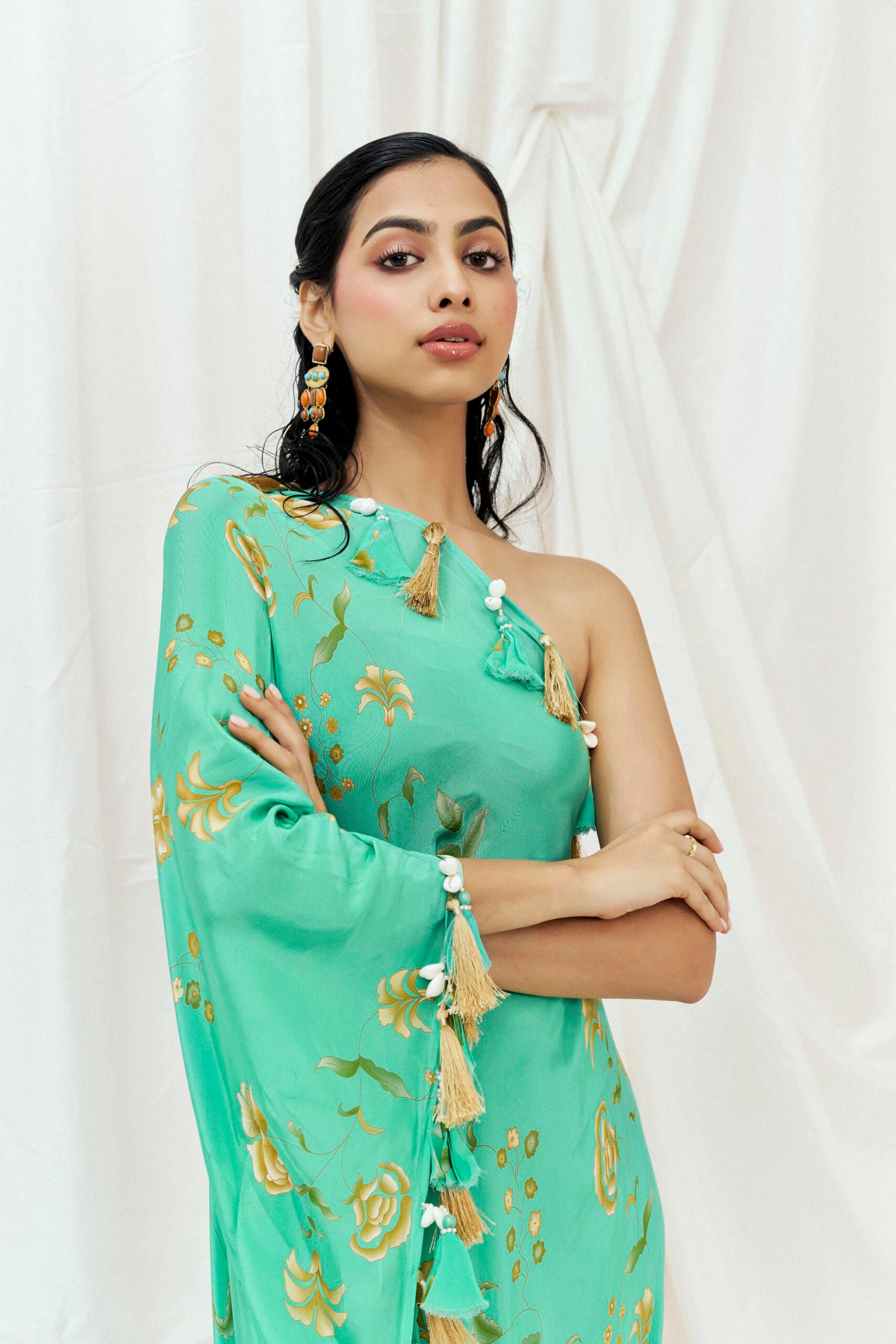 Turquoise Blue Printed Beaded Kaftan image 3