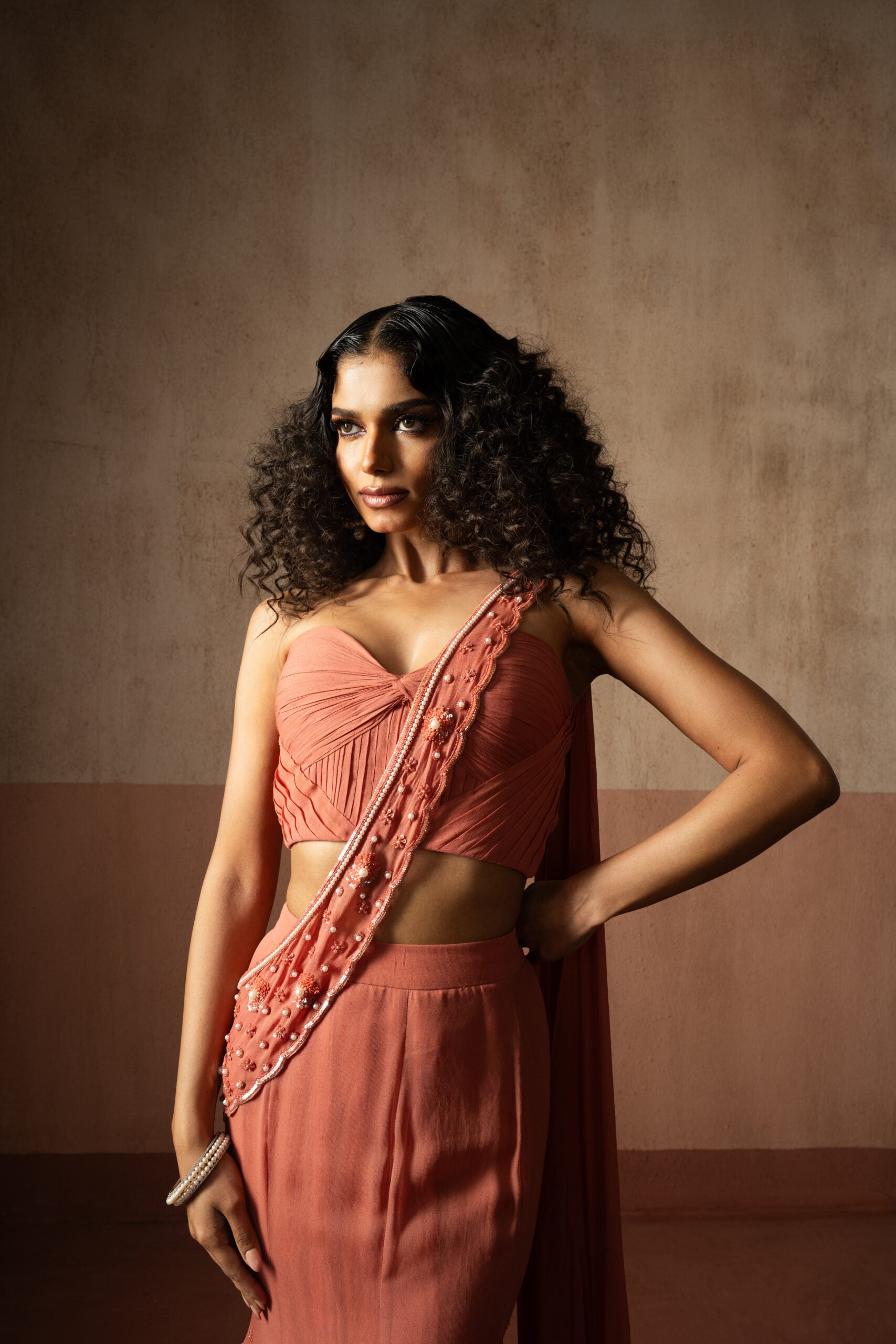 Fishtail Saree Peach Colored Hand Embroidered Georgette Saree image 3