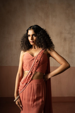 Fishtail Saree Peach Colored Hand Embroidered Georgette Saree image 3