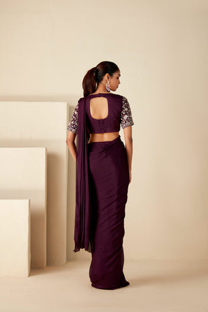 Wine Georgette Pre-Drape Saree image 1