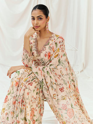 Floral White Printed Embroidered Drape Saree  Set image 3