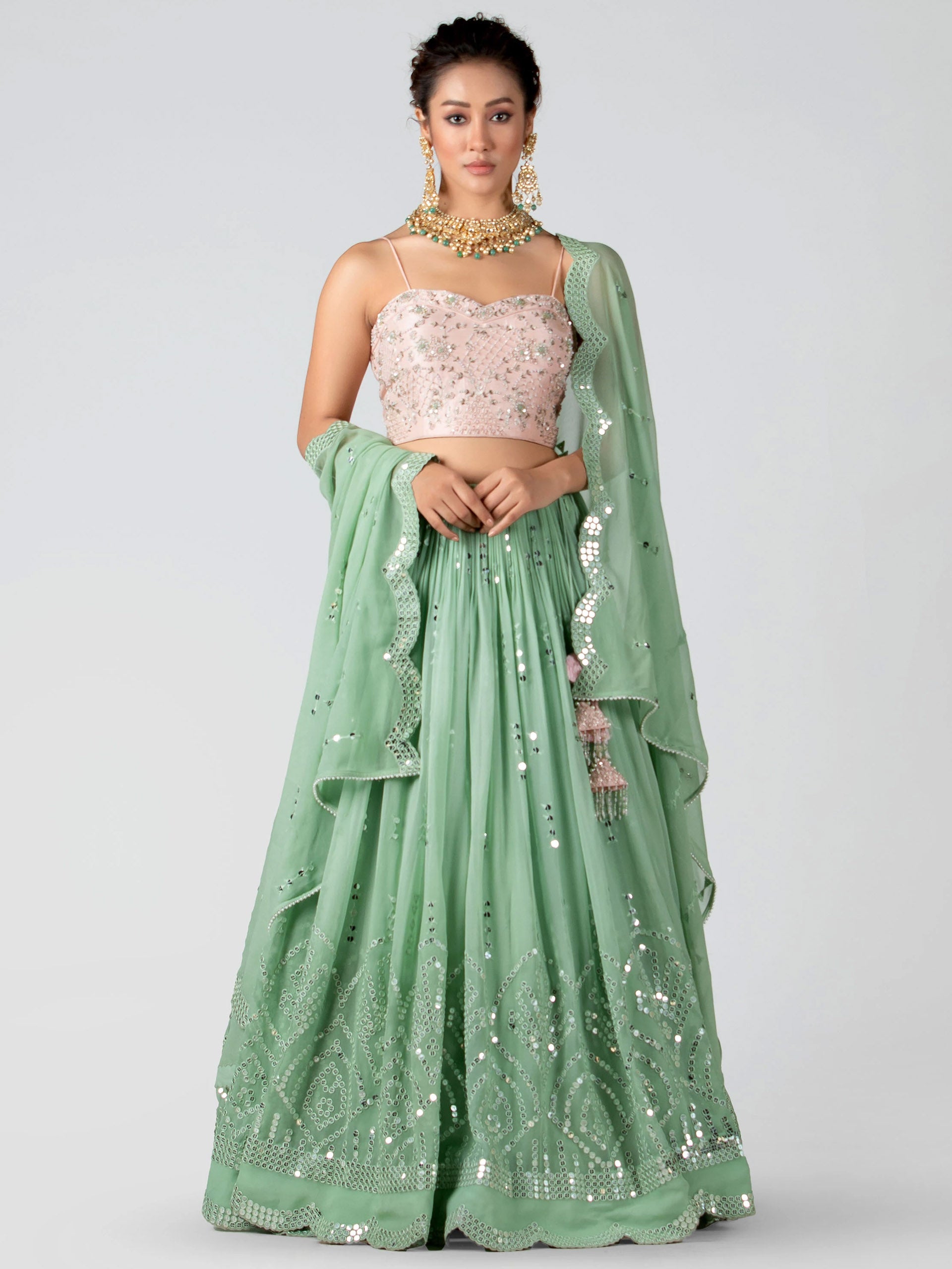 Light Pink and Green Shimmer Lehenga Set image 0