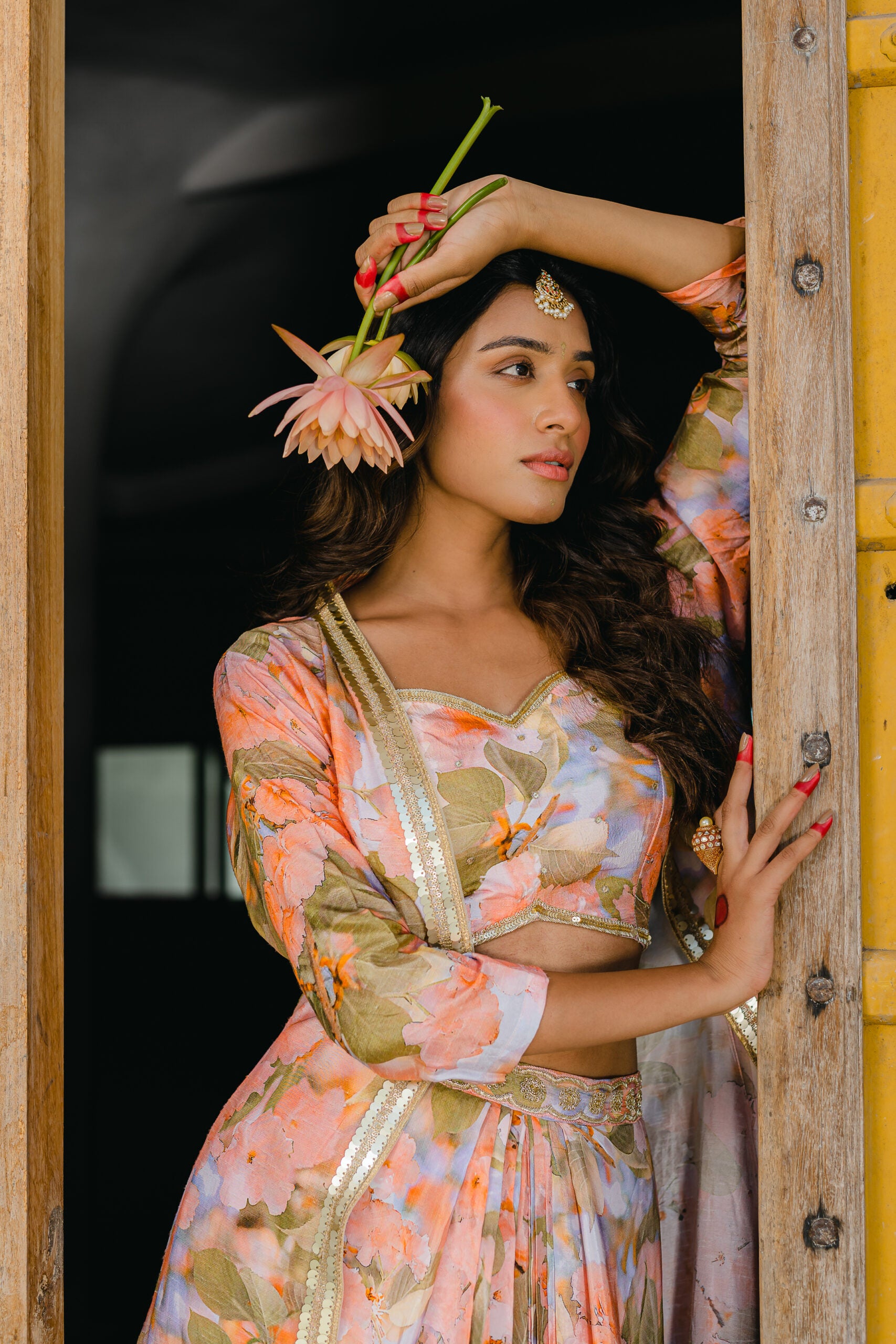 Coral Peach Printed Embroidered Long Jacket and Skirt Set image 4