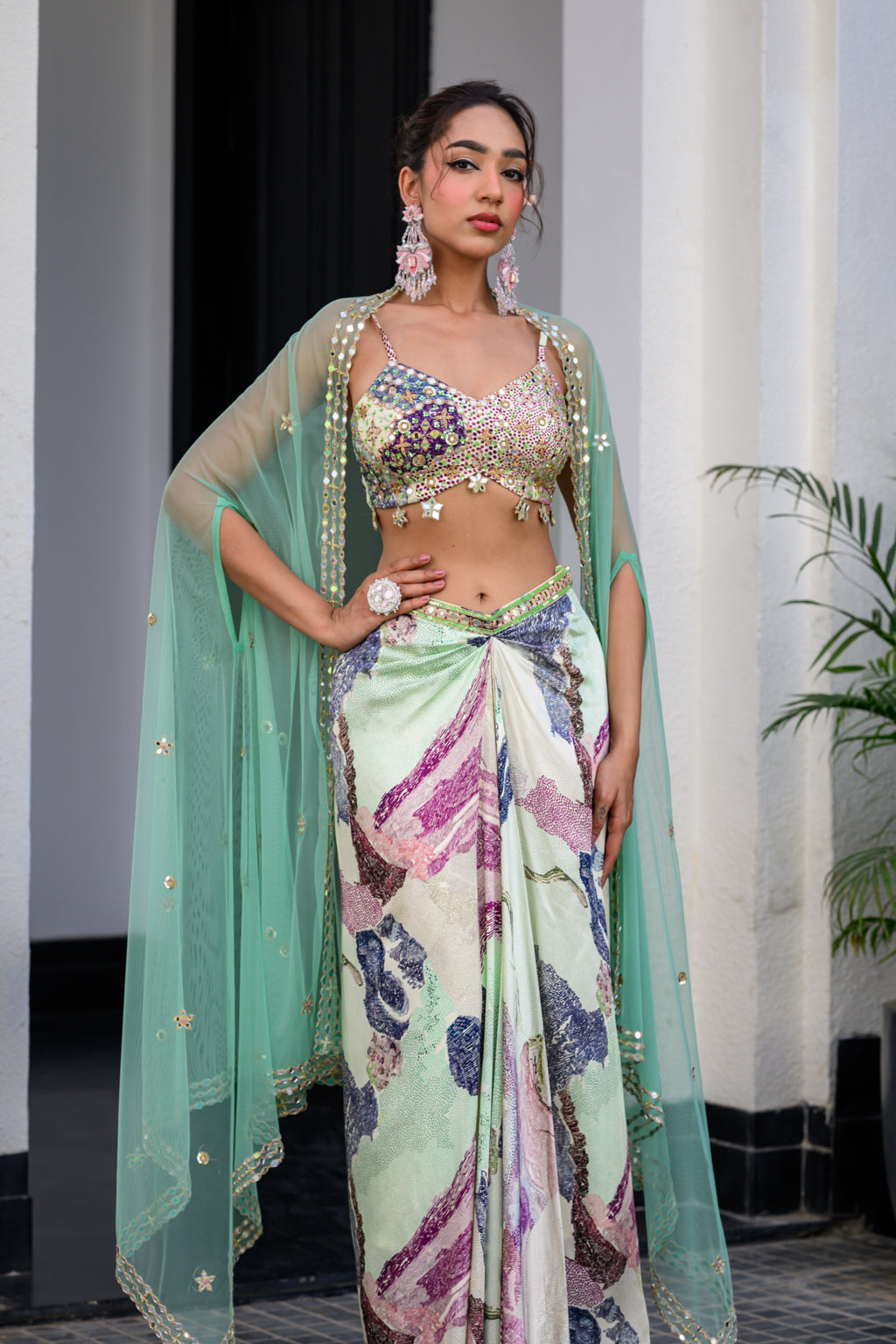 Eden Highlight Bralette With Mirror Work Paidawn With Dhoti Skirt And Cape - L image