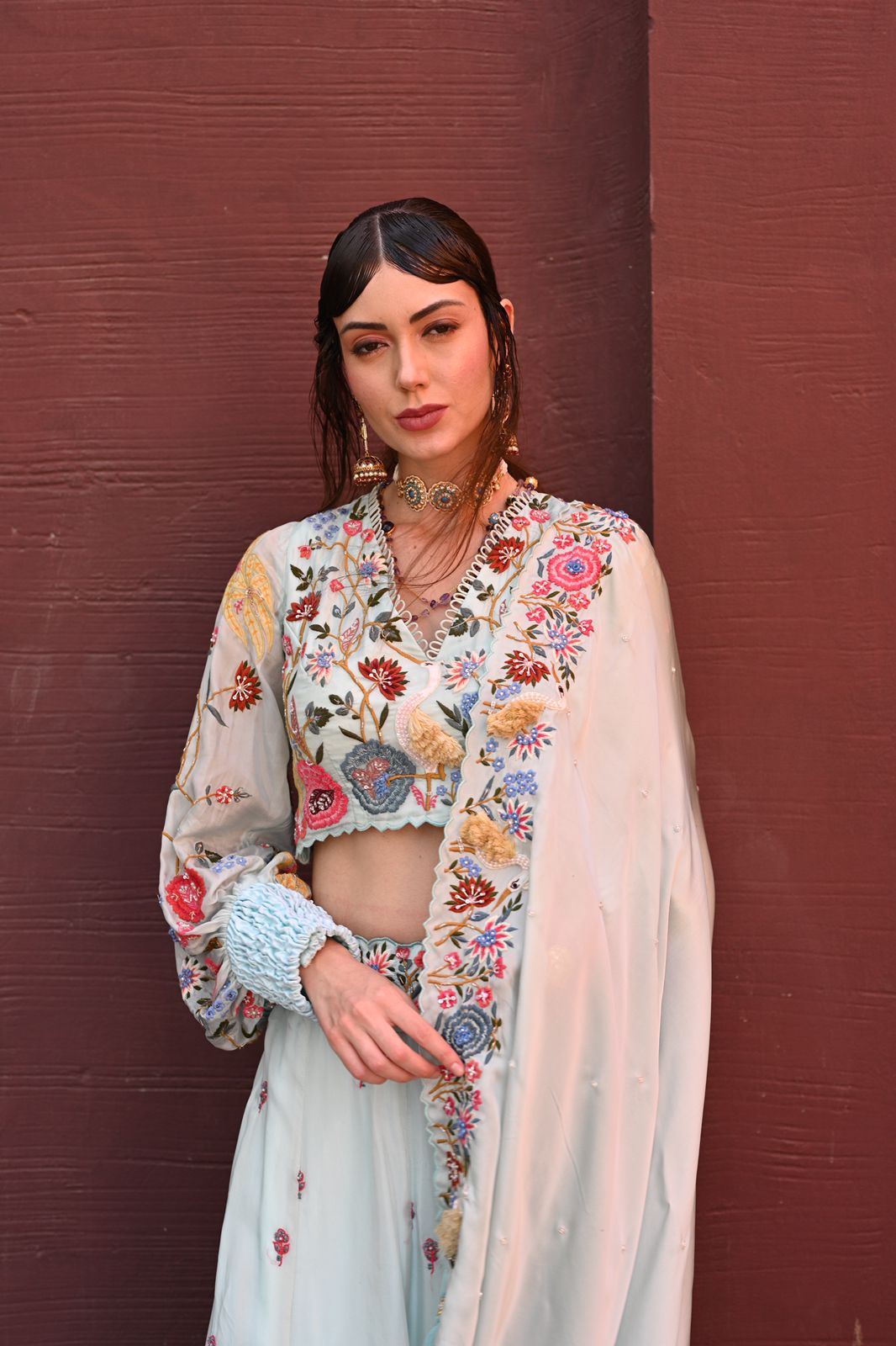 Powder Blue Flamingo Embroidered Lehenga Set image 1