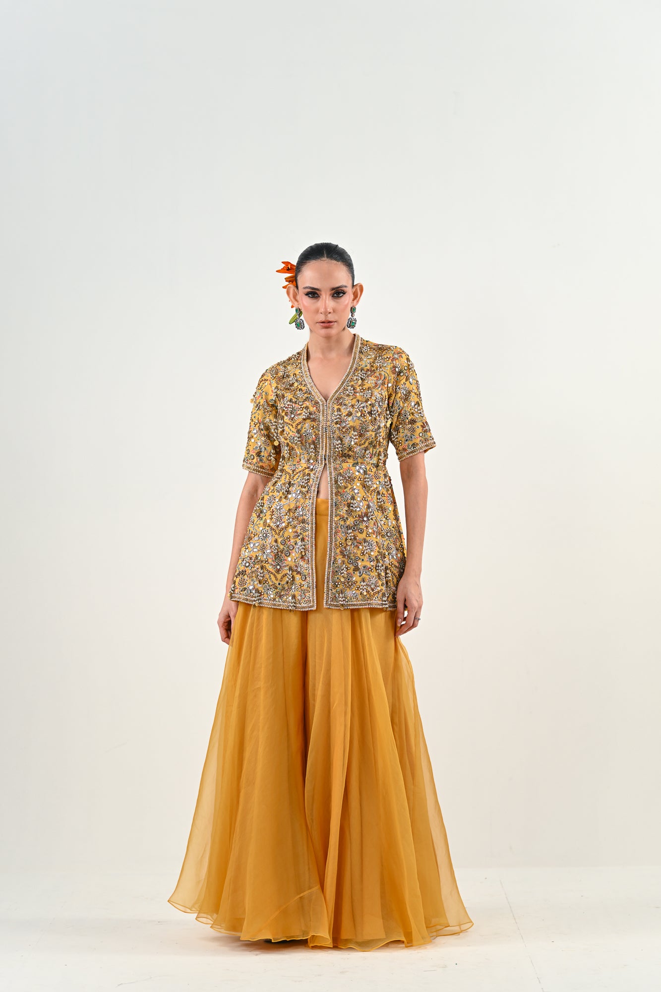 M FLARED PANT EMBROIDERED PEPLUM TOP image 0