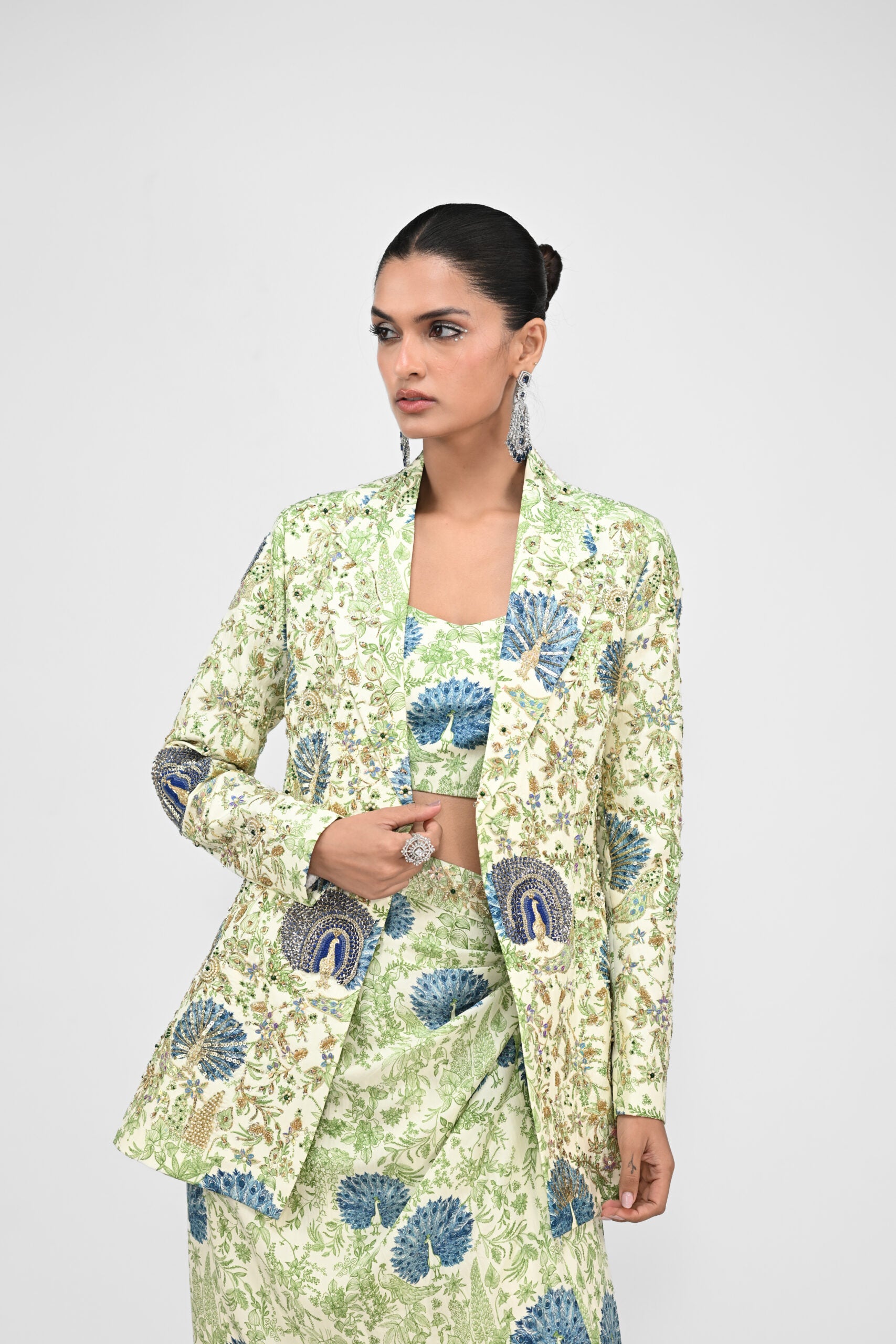 Peacock Bralette, Cowl Skirt Paired With Highlighted Peacock Blazer Set image 3