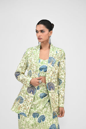 Peacock Bralette, Cowl Skirt Paired With Highlighted Peacock Blazer Set image 3