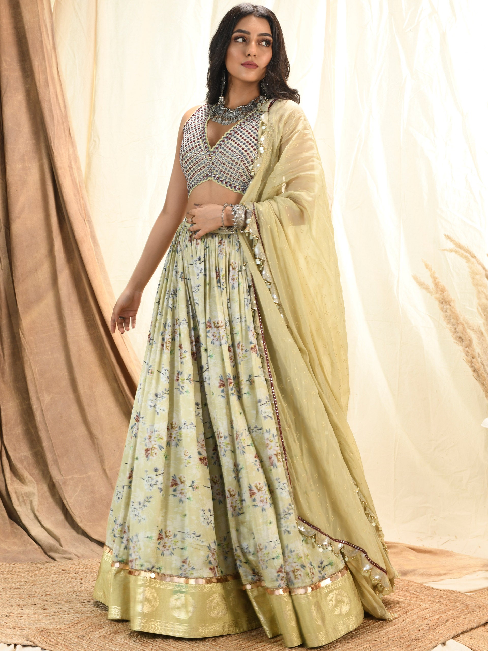 Sage Green Foil Print Lehenga Set image 0