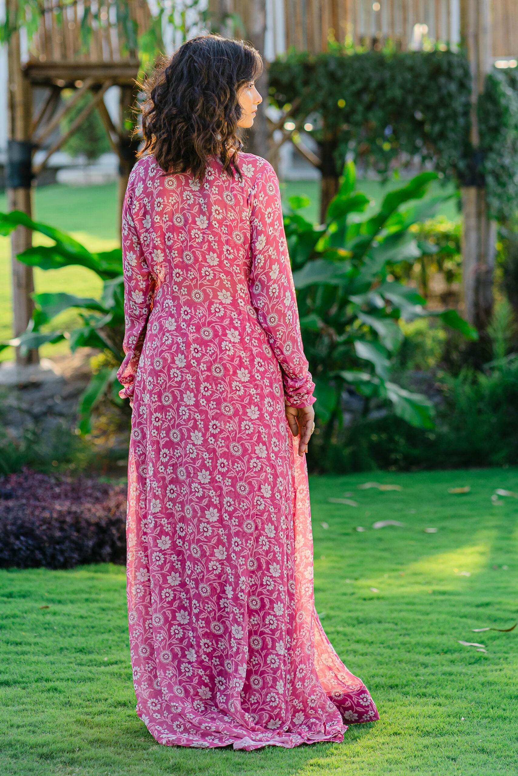 Mauve Printed &amp; Embroidered Long jacket &amp; pallazo pants Set image 2