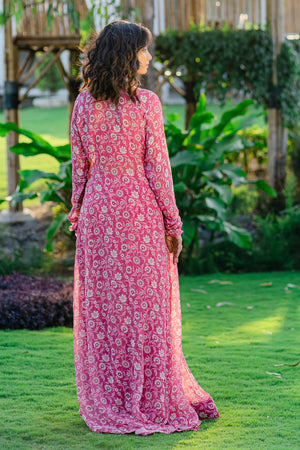 Mauve Printed &amp; Embroidered Long jacket &amp; pallazo pants Set image 2