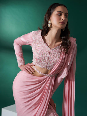 Light Pink Pre Draped Saree Set image 1