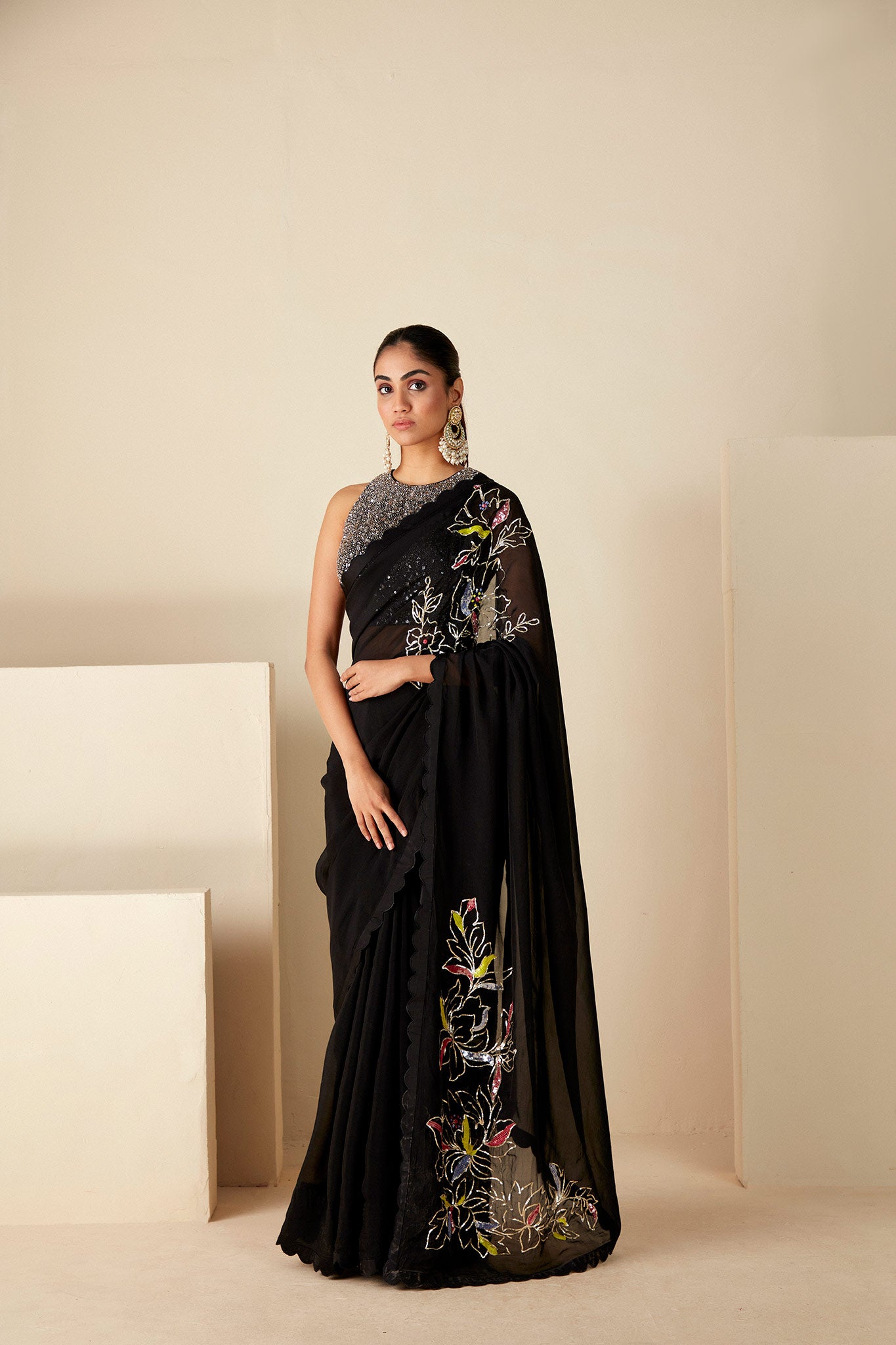 Black Soft Organza and Tussar Silk Saree image 0