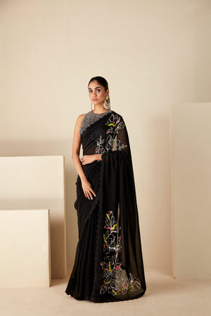 Black Soft Organza and Tussar Silk Saree image 0