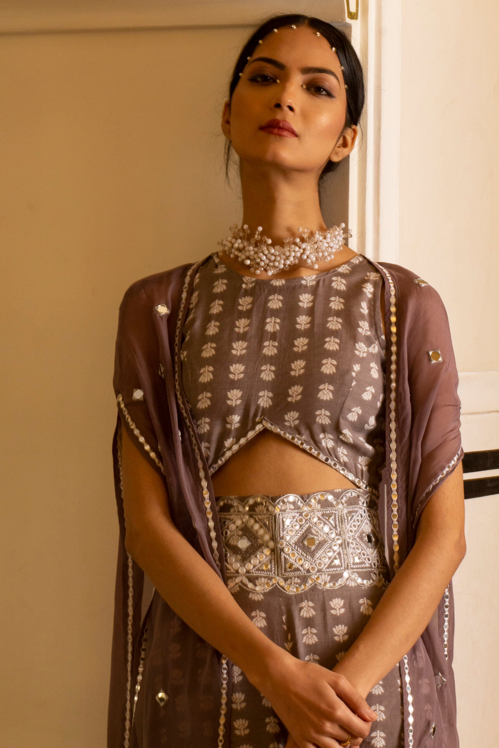 Grey Printed Jumpsuit With Organza Shrug image 3