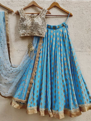 Light Blue Ruffle Lehenga with Mirror Blouse image 0