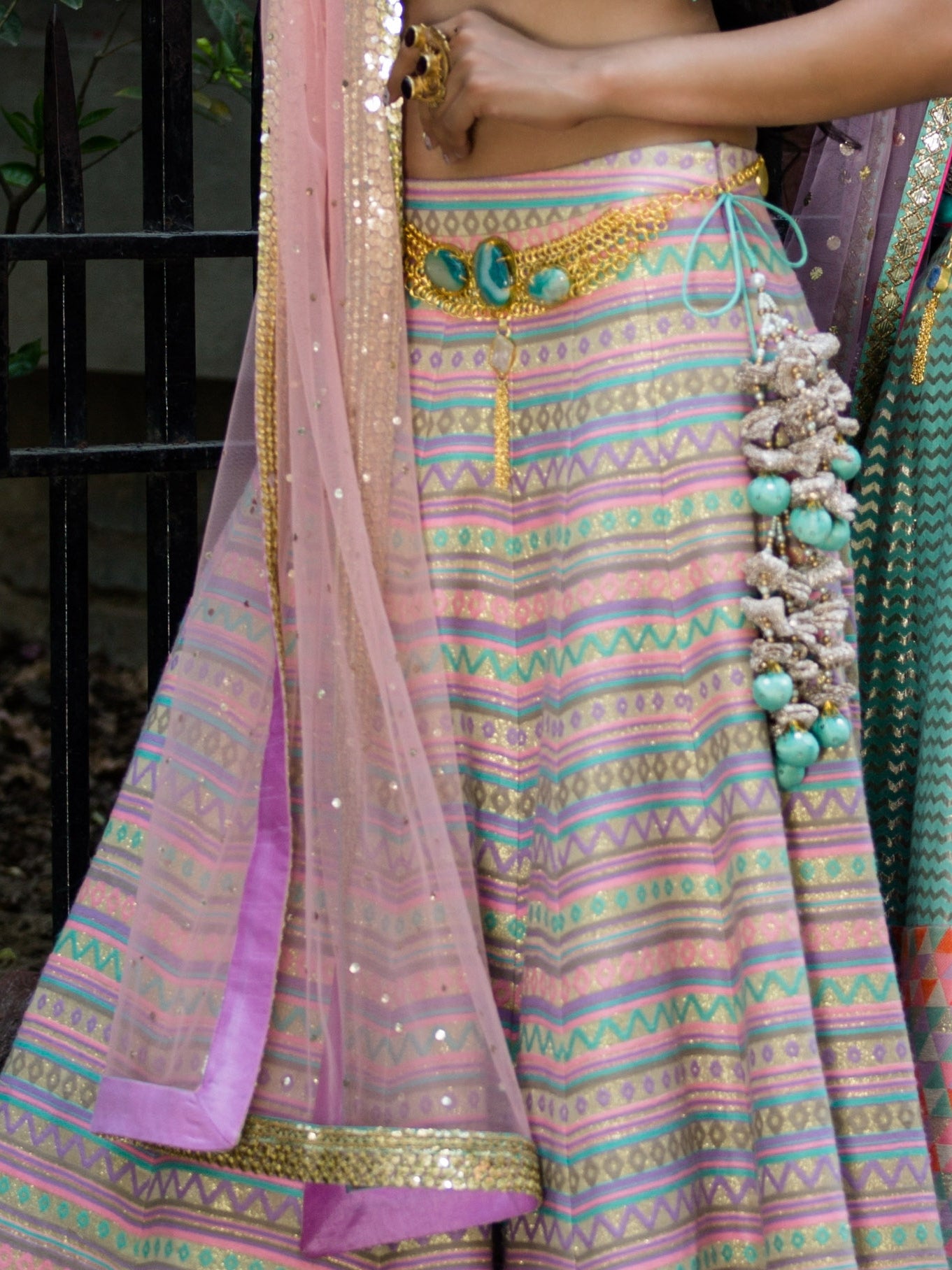 Pastel Geometric Lehenga with Aqua Choli Set image 2
