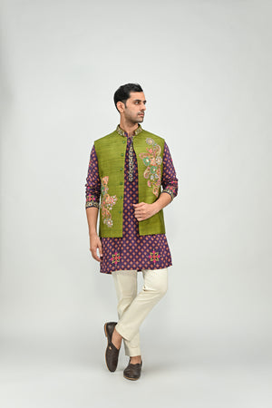 Plum Kurta Paired with Patch Olive Bundi  Pant Set - S image