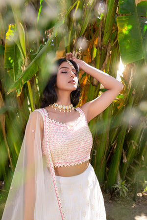 White &amp; Pink Georgette Thread Embroidered Lehenga Set - S image