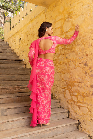Pink Floral Embroidered Georgette Saree image 4