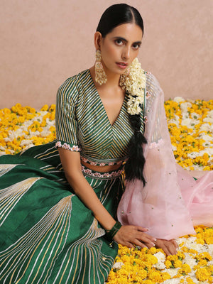 Green Embroidered Stripe Lehenga Set image 7