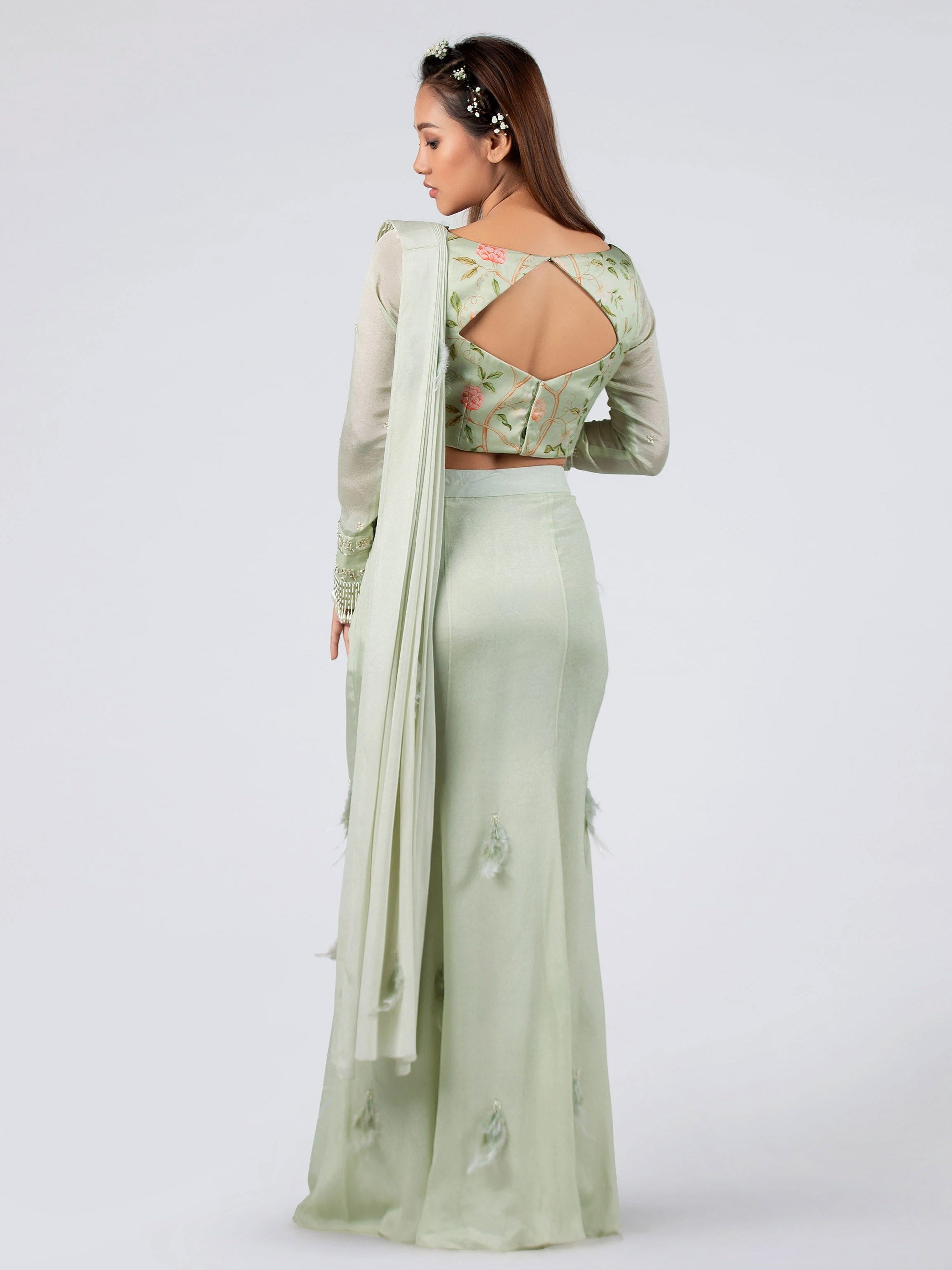 Pre Drape Mint Saree Set image 1