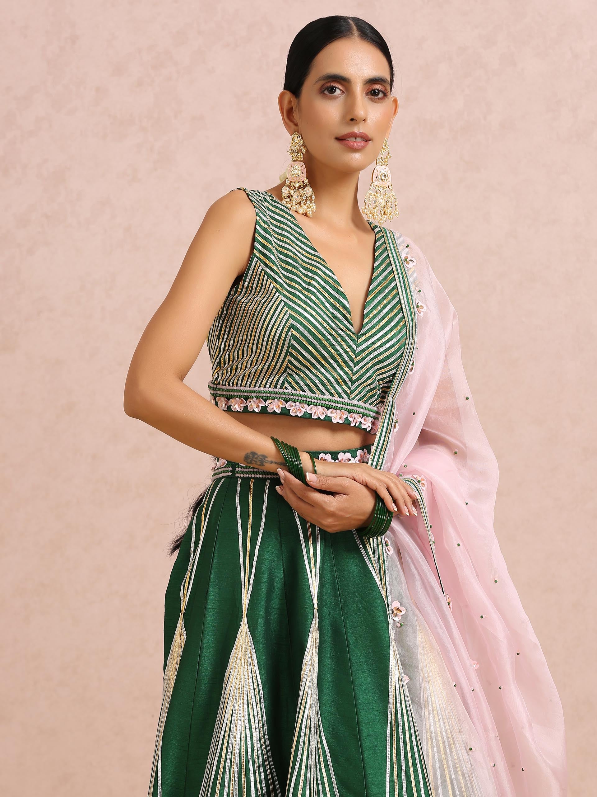 Green Embroidered Stripe Lehenga Set with Sleeveless Blouse image 4
